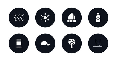 symbol for mobile filled icons set. filled icons such as tide, frost, beanie, sun protection, beach towel, baseball cap, tree, crops vector.