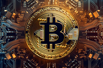 a golden Bitcoin crypto blockchain technologie. Generative AI - 611897357