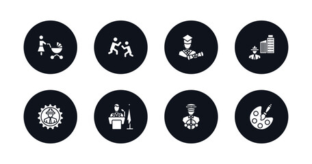 symbol for mobile filled icons set. filled icons such as baby sitter, wrestling, graduated, civil engineer, mechanical engineer, president, driver, artist vector.