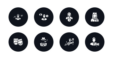 symbol for mobile filled icons set. filled icons such as miner, financial advisor, financial manager, air hostess, actor, mafia, musician, marketing manager vector.