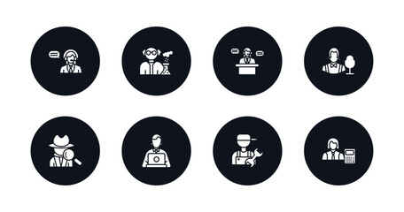 symbol for mobile filled icons set. filled icons such as telemarketer, chemist, secretary, showman, detective, programmer, plumber, mathematician vector.