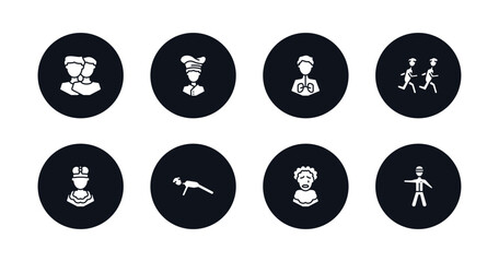 symbol for mobile filled icons set. filled icons such as relations, chief, pulmonary, group of men running, king momo, push ups, pierrot, policeman standing up vector.