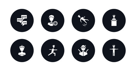 symbol for mobile filled icons set. filled icons such as chat group, layer working, slide down, speaker in a conference, sumo fighter, stretching exercises, ninja portrait, standing up man vector.