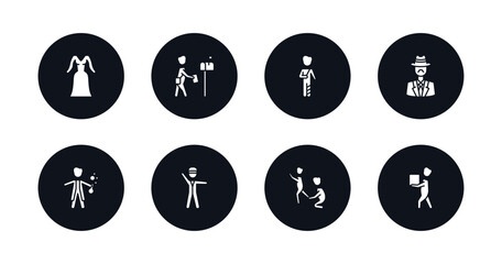 symbol for mobile filled icons set. filled icons such as women dress, postman working, patien, sir, chemist working, policeman working, helping other to jump, men carrying a box vector.