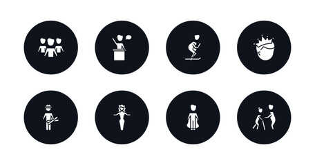 symbol for mobile filled icons set. filled icons such as team work success, leader speech, ski stick man, man with crown, architect, elegance, playing with a rope, help the elderly vector.