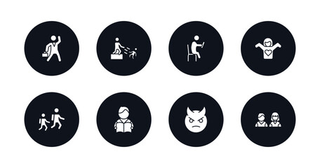 symbol for mobile filled icons set. filled icons such as businessman dancing, man pushing child, sitting man reading, getting dressed, walking to school, student books, devil head with horns,