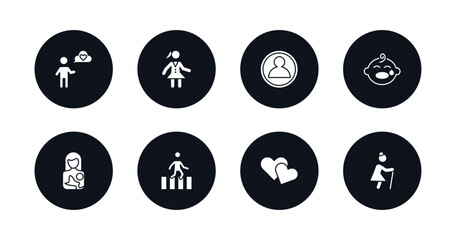 symbol for mobile filled icons set. filled icons such as man thinking about love, scholar girl front, male users, crying baby, breastfeeding, crossing road, two hearts, old lady walking vector.