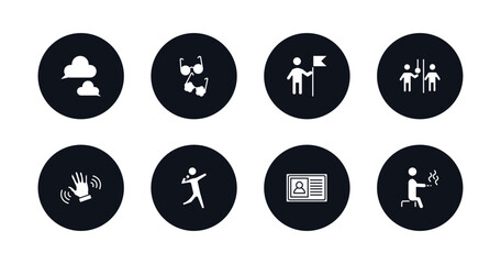 symbol for mobile filled icons set. filled icons such as chat balloon, couple of glasses, man holding a flag, occupant, slap, shot put, identification pass, smoking man vector.
