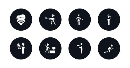 symbol for mobile filled icons set. filled icons such as hipster smile, firefighter working, butcher with knife, man with an idea, man with money, worker success, waiter working, witch flying broom
