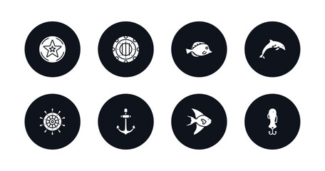 symbol for mobile filled icons set. filled icons such as star inside circle, submarine window, fish, dolphin, helm, big anchor, fish facing right, fish shaped bait vector.
