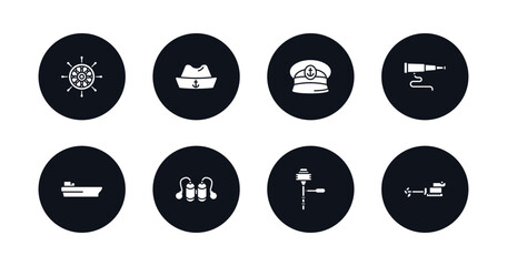 symbol for mobile filled icons set. filled icons such as boat steering wheel, sailor hat, captain hat, boat telescope, tanker ship, aqualung, boat engine, ship engine vector.