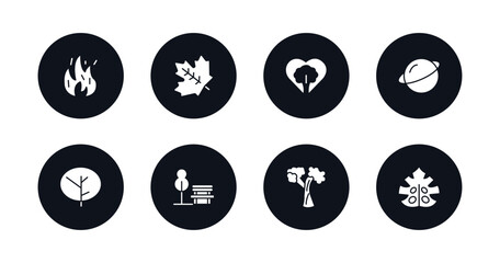 symbol for mobile filled icons set. filled icons such as fire flame, sugar maple tree, love nature, saturn with his ring, the oaks tree, park bench, silver maple tree, fern vector.