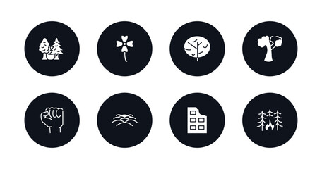 symbol for mobile filled icons set. filled icons such as tree with big foliage, clovers, black oak tree, american beech tree, determination, hill, ruins, forest fire vector.