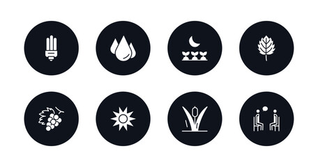 symbol for mobile filled icons set. filled icons such as led bulb, raindrop, cultivation, bigtooth aspen tree, grapevine, sun flare, reeds, therapy vector.