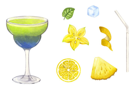 Cocktail glass fresh juice green blue or alcoholic Daiquiri Margarita. Lemon, ice, pineapple, carambola. Hand drawn watercolor illustration isolated on white background. For bar restaurant menu