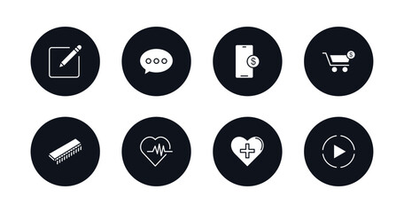 symbol for mobile filled icons set. filled icons such as edit tool, messages, mobile banking, purchase, rom, health, medical app, media player vector.