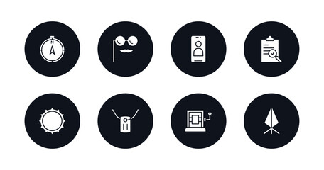 symbol for mobile filled icons set. filled icons such as compass pointing north, fun glasses, front camera, evaluate, beer cap, army dog tag, wringer, rune vector.