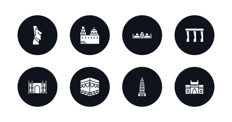 symbol for mobile filled icons set. filled icons such as easter island, blue domed churches, badshahi mosque, bay, spain, kaaba building, amritsar, gat of india vector.