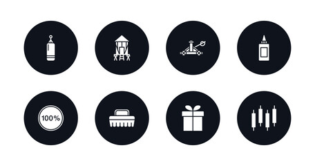 symbol for mobile filled icons set. filled icons such as muay thai, granary, catapult, glue bottle, 100 percent, cleaning brush, wrapped gift, candlestick vector.