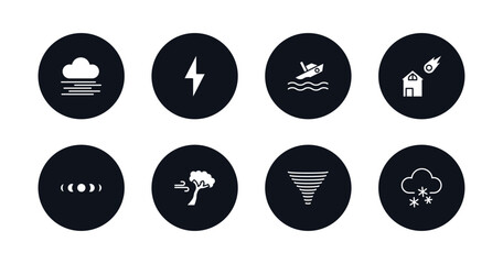 symbol for mobile filled icons set. filled icons such as fog, thunder, boat capsizes, comet and house, moon phases, broken tree by wind, tornado season, snoflakes winter cloud vector.