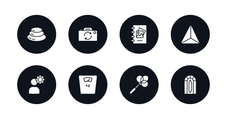 symbol for mobile filled icons set. filled icons such as pebble, camera front, scrapbook, sharpen, thinking solutions, body weight, carpet beater, stained glass window vector.