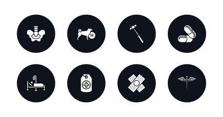 symbol for mobile filled icons set. filled icons such as pelvic area, canine, medical hammer tool, medicine capsules, illness on bed, tag with a cross, bandage cross, caduceus vector.