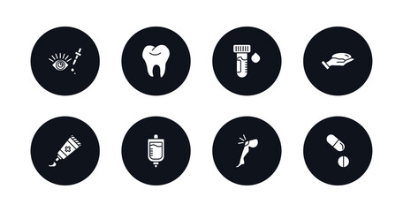 symbol for mobile filled icons set. filled icons such as eye drops, tooth, blood sample, breast implant, ointment, iv, knee, tablets vector.
