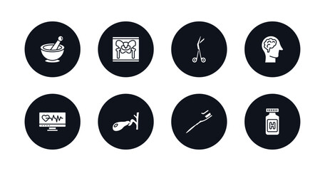symbol for mobile filled icons set. filled icons such as phary tool, x ray of bones, opened medical scissors, brain in bald male head, medical heart scan, gallbladder, brush with tooth paste, pills
