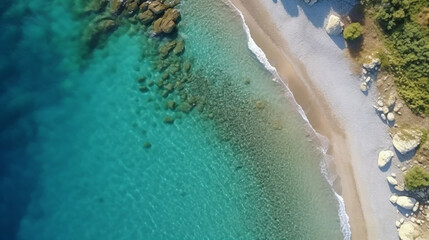Fototapeta na wymiar Ocean waves on the beach as a background. Beautiful natural summer vacation holidays background. Top view from drone. Aerial top down view of beach and sea with blue water waves. Generative AI