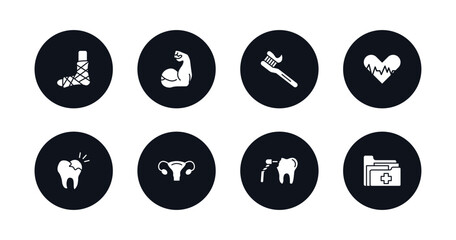 symbol for mobile filled icons set. filled icons such as plastered foot, arm, tooth brush, cardiogram, caries, uterus, dental drill, medical records vector.