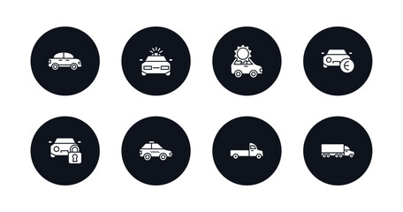 symbol for mobile filled icons set. filled icons such as small car, police car with light, car with cogwheels, sale in euros, and padlock, taxi facing left, pick up truck, truck side view vector.