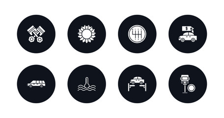 symbol for mobile filled icons set. filled icons such as pistons cross, bicycle sprockets, driving gear controls, car for sale, limousine side view, car temperature, car on an elevator, bus in