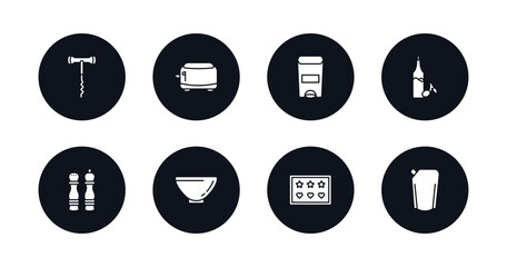 symbol for mobile filled icons set. filled icons such as corkscrew, toaster, trash, olive oil, salt and pepper, soup bowl, molded, ketchup vector.