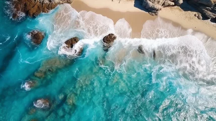 Rolgordijnen Ocean waves on the beach as a background. Beautiful natural summer vacation holidays background. Top view from drone. Aerial top down view of beach and sea with blue water waves. Generative AI © Mickael