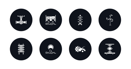 symbol for mobile filled icons set. filled icons such as pipes, hydro power generation, power tower, eco windmill, step ladder, sewage, car mechanic, lift vector.