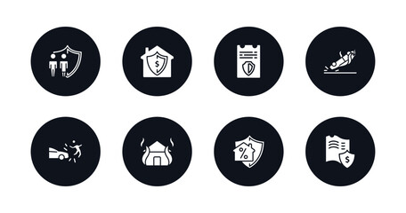 symbol for mobile filled icons set. filled icons such as family insurance, replacement value, license, overturned car, accident, fire insurance, mortgage, actual cash value vector.