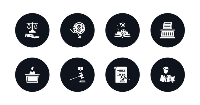 symbol for mobile filled icons set. filled icons such as justice scales in hand, bankruptcy, criminal law, stenographer, court trial, ask a lawyer, corporative law, custody vector.
