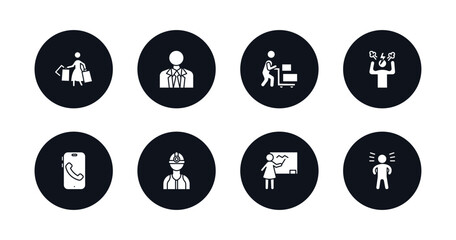 symbol for mobile filled icons set. filled icons such as housewife shopping, businessman with tie, hotel supplier, angry man, smartphone call, construction worker, teachers, proud pose vector.