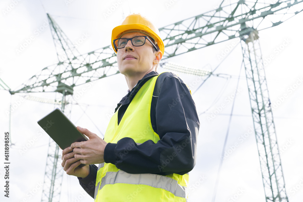 Aufkleber Engineer with digital tablet on a background of power line tower.	