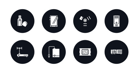 symbol for mobile filled icons set. filled icons such as pendrive with cover, big tablet, firewire, system unit, hardware hotspot, external hard drive, big processor, video projector vector.
