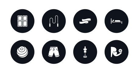 symbol for mobile filled icons set. filled icons such as locker, skip rope, resistance band, sleep, fitness ball, fitness shorts, boxing mannequin, lifting dumbbells vector.