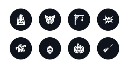 symbol for mobile filled icons set. filled icons such as halloween bag, clown smile, gallows, boo, halloween ghost, lanterns, pumpkins lantern, magic broom vector.