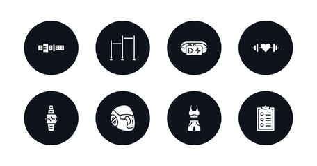 symbol for mobile filled icons set. filled icons such as athletic strap, gym ladder, pulsometer, fitness heart, fitness watch, headgear, female sportwear, to do list vector.