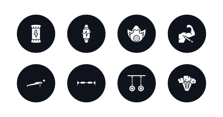 symbol for mobile filled icons set. filled icons such as energy snack, sport watch, elevation mask, steroids, push up, horizontal bar, gymnastic rings, broccoli porcion vector.