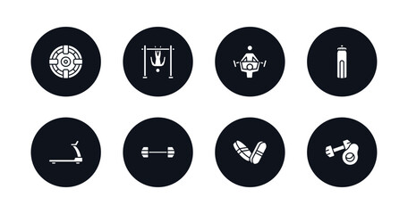 symbol for mobile filled icons set. filled icons such as iron shoot, bar exercising, trainers, hydratation, running hine, dumbbells exercise, pill and tablet, fitness nutrition vector.