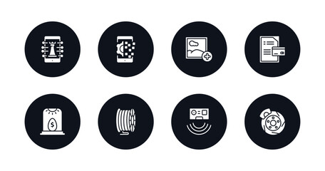 symbol for mobile filled icons set. filled icons such as digital strategy, digital transformation, add photos, credit report, business incubator, filament, active sensor, disk brake vector.