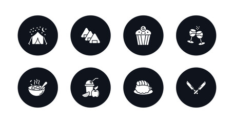 symbol for mobile filled icons set. filled icons such as night camping, japanese sushi, zombie muffin, glasses of wine, bowl of food, smoothies, sushi prawn, knifes vector.