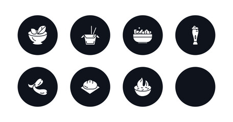 symbol for mobile filled icons set. filled icons such as vegetarian food, chinese food box, bowl with vegetables, tiffin, jar of beer, chili pepper, wonton, spicy food vector.