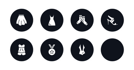 symbol for mobile filled icons set. filled icons such as short skirt, tunic, pirate hat, pair of socks, high heel sandals, pajamas, star medal, women swimsuit vector.