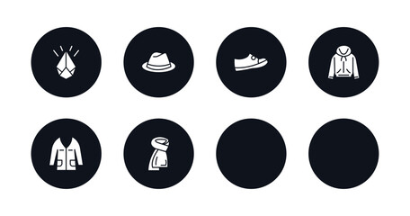 symbol for mobile filled icons set. filled icons such as diamond, fedora, samurai helmet, one shoe, sweater with hood, samurai japanese hat, jacket with pockets, wool scarf vector.